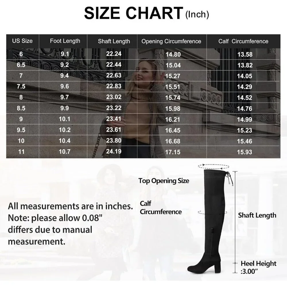 Women's Black Inner Zipper Thigh High Over The Knee High Square Heel Boots